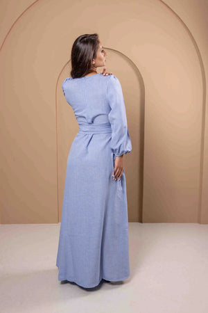 Blue Linen Dress with Sleeves