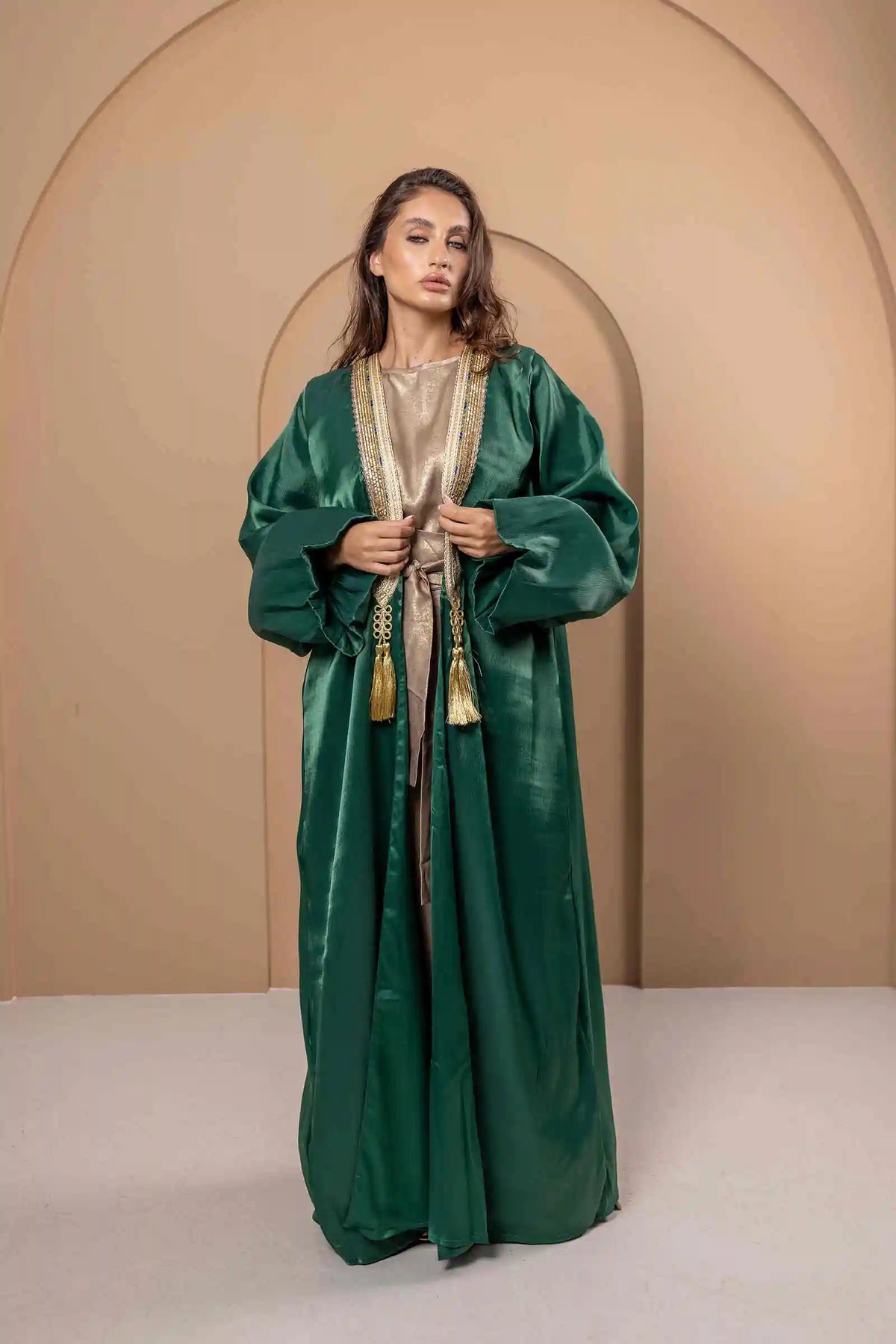 Green silk open abaya with gold belt - open abaya UAE