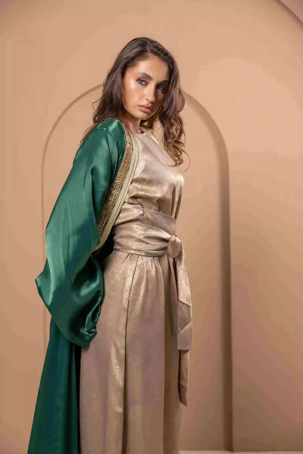 Green Silk Open Abaya with Gold Belt