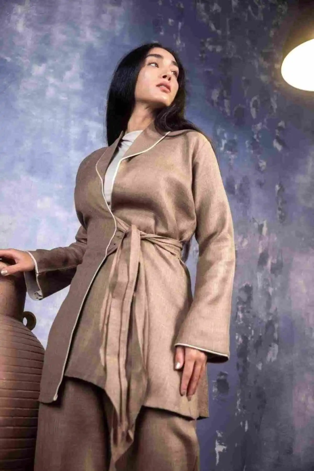 Nude co-ord set wrap style with wide-leg pants - modest fashion Dubai
