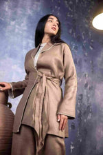 Nude co-ord set wrap style with wide-leg pants - modest fashion Dubai