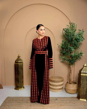 Black and red Palestinian embroidered dress - heritage modest fashion UAE