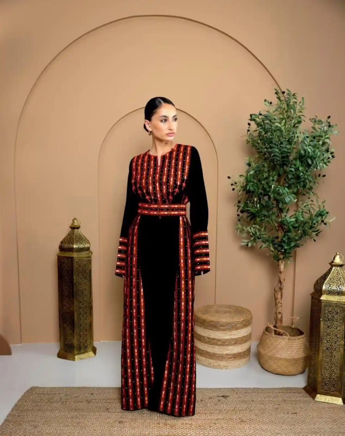 Black and red Palestinian embroidered dress - heritage modest fashion UAE