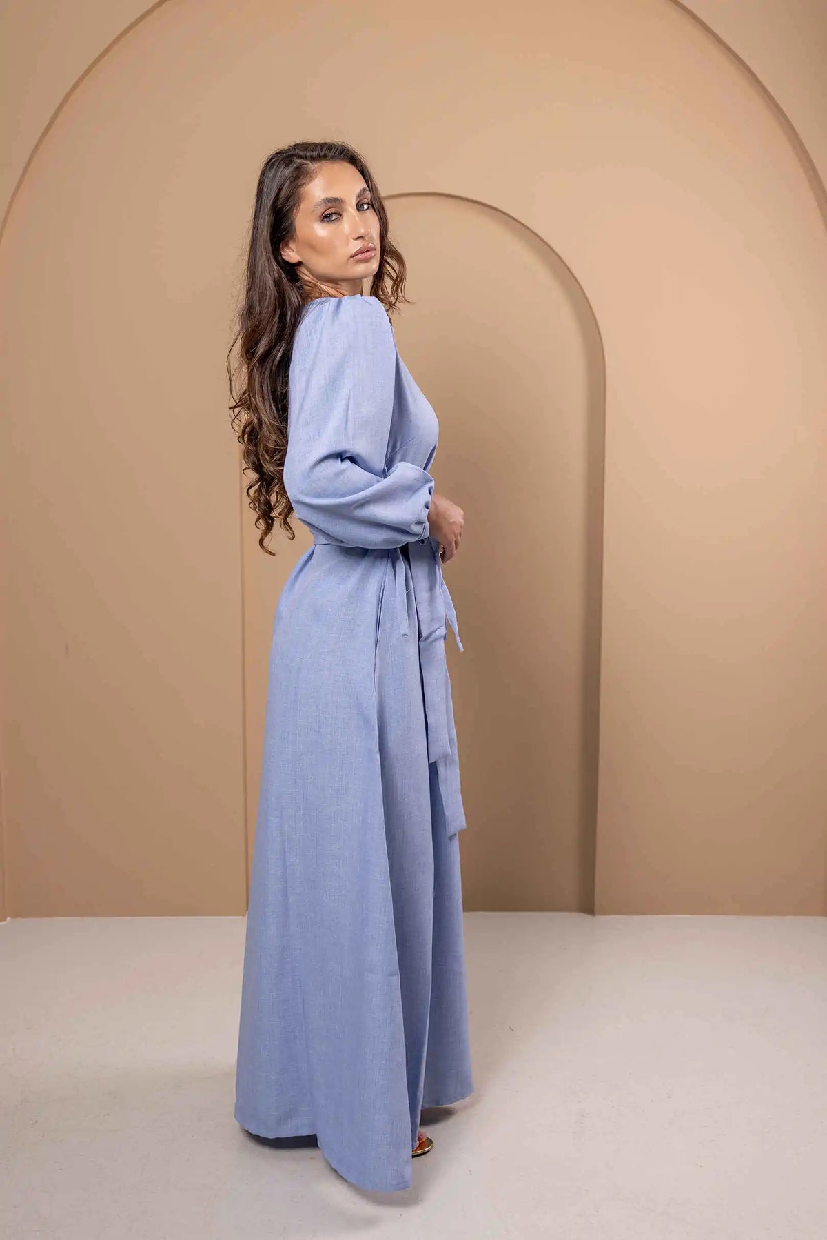 Blue Linen Dress with Sleeves