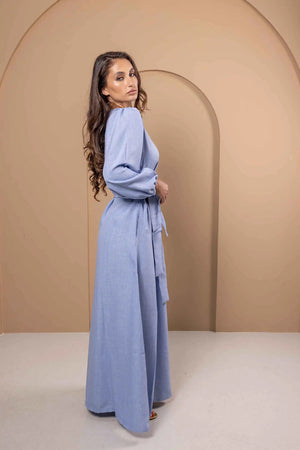 Blue Linen Dress with Sleeves