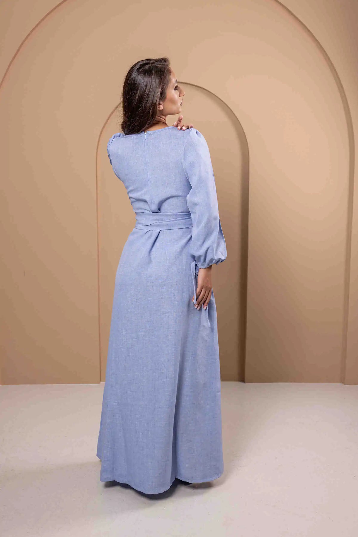 Blue Linen Dress with Sleeves