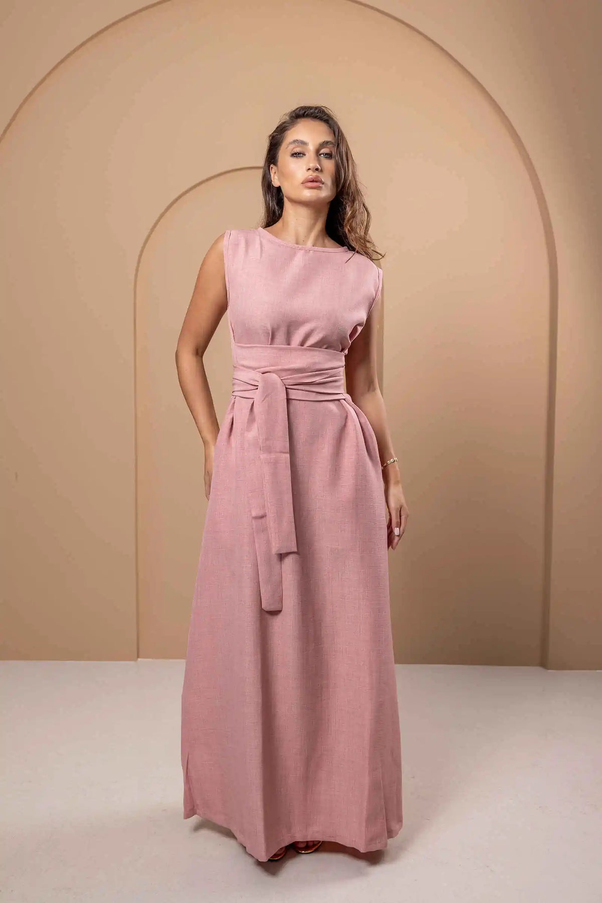 Pink linen dress non see-through with waist belt - modest dress UAE