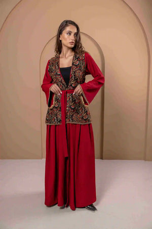 Red flowing open abaya dress with gold detailing - modest wear UAE
