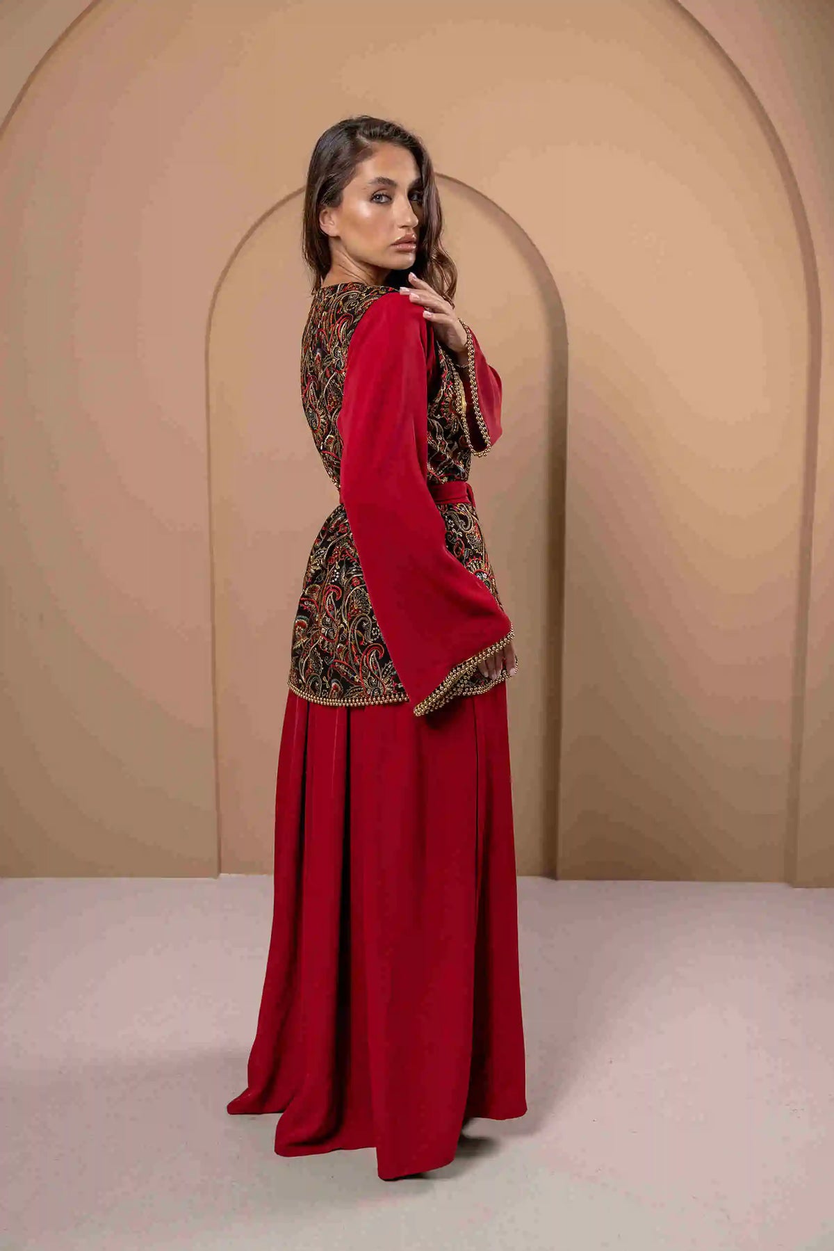 Red Flowing Open Abaya Dress