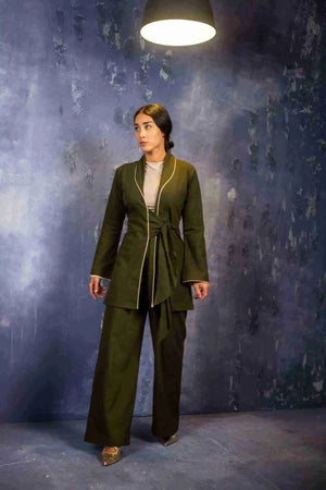 Olive green co-ord set wrap style wide-leg pants - modest two-piece UAE