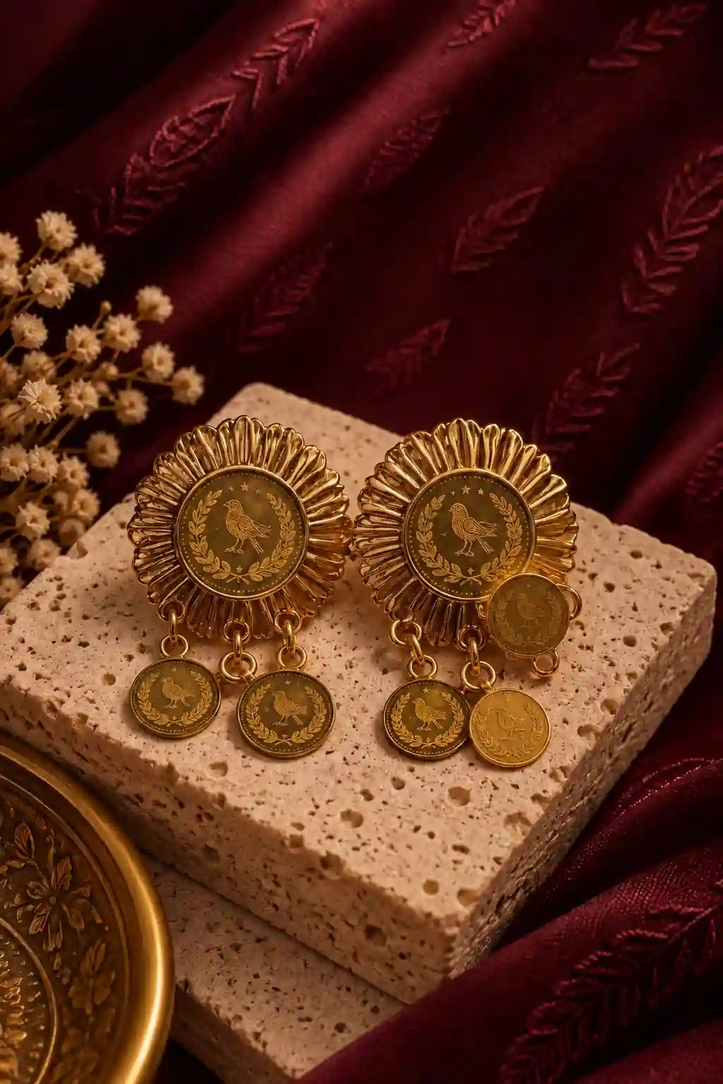 Palestinian heritage sunflower coin earrings - heritage jewelry UAE