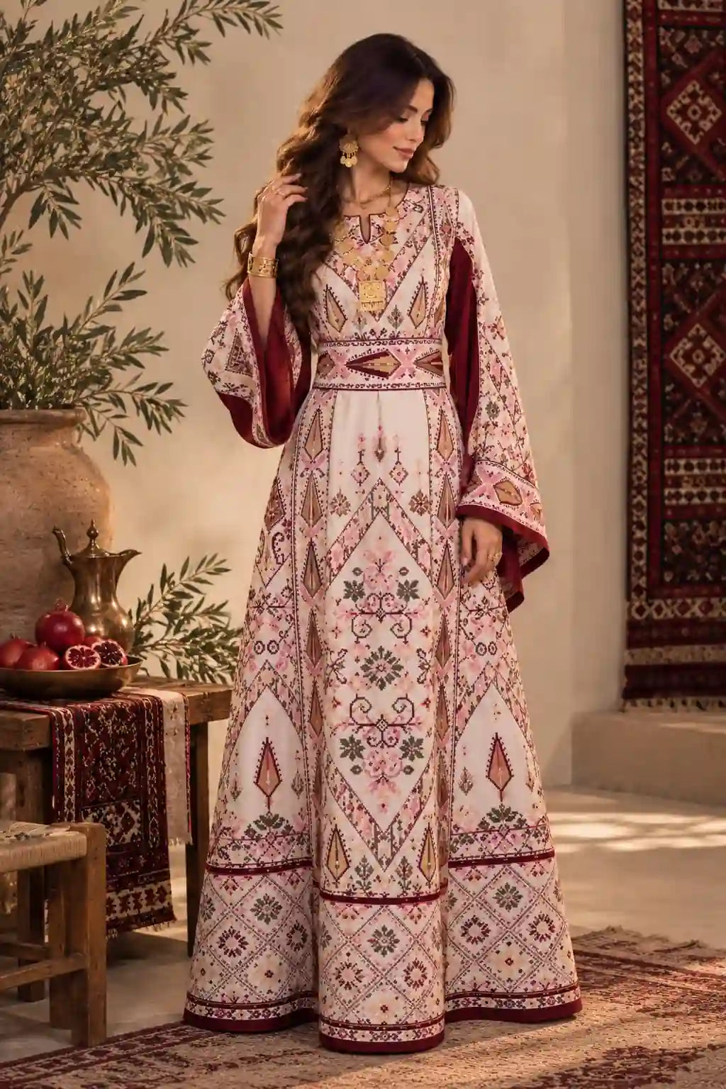 Palestinian heritage ivory kaftan with cross-stitch embroidery - modest kaftan UAE
